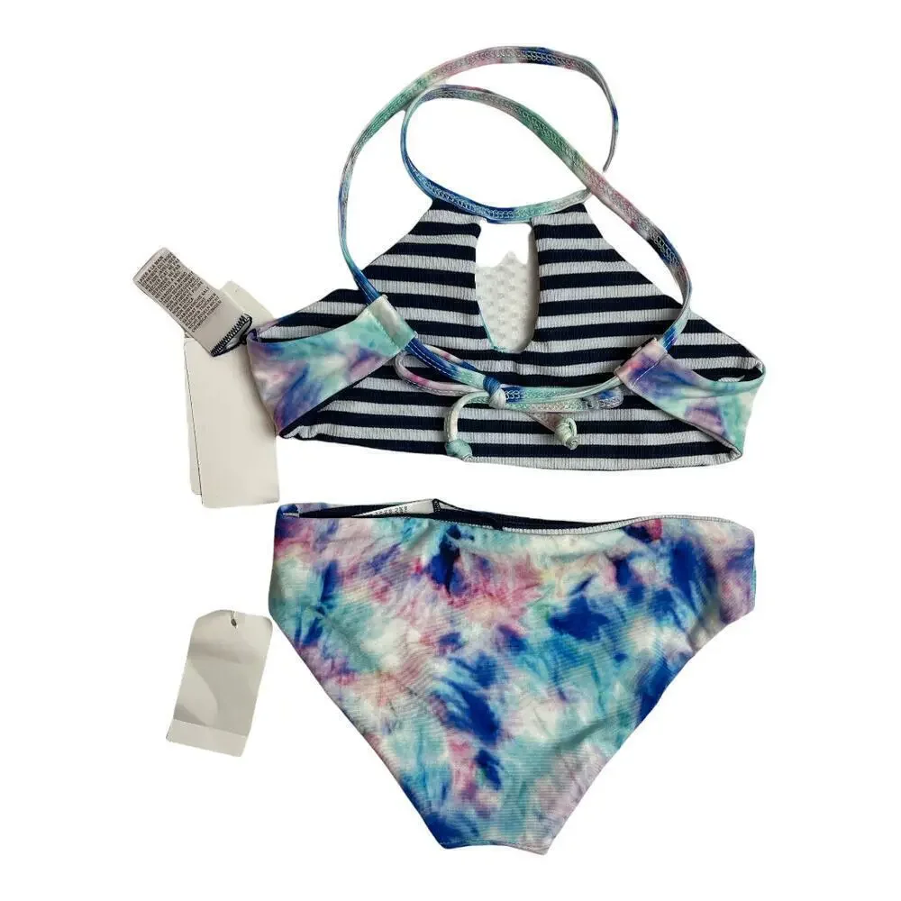 Splendid Blue Tie Dye & Stripe Reversible 2 Piece Bikini Swimsuit Girls Size 4